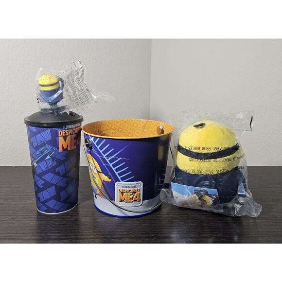 AMC 2024 Despicable Me 4 Tin Bucket / Cup Topper Plush Dave Bundle NEW - Picture 3 of 4